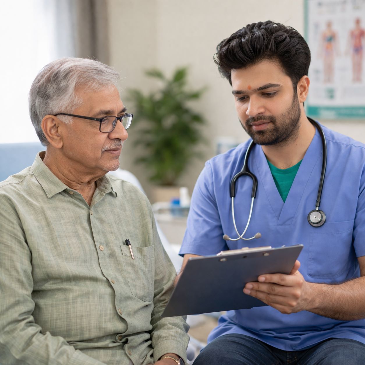 Indian senior man consulting with a doctor who is reviewing medical information on a clipboard during a clinic visit.
