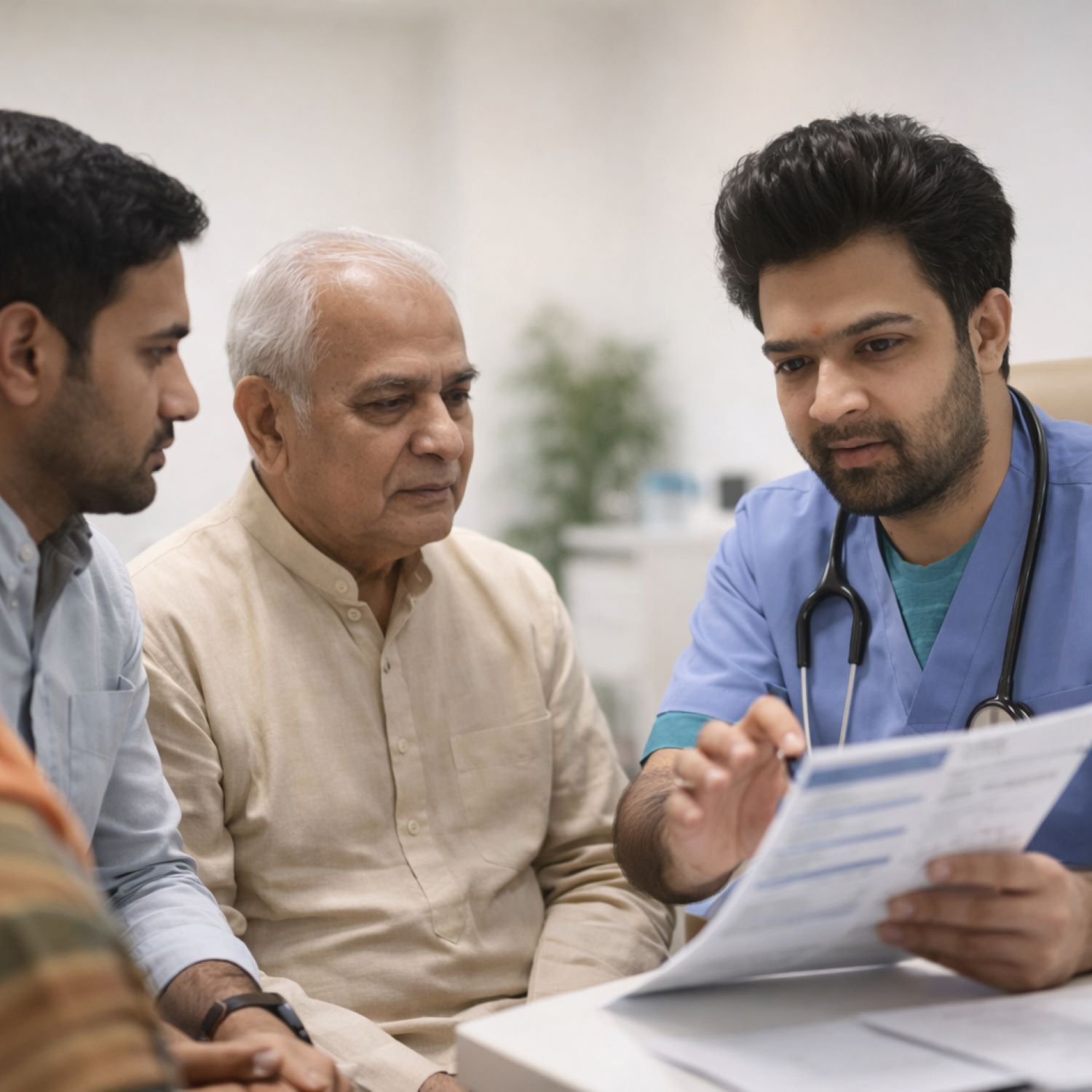 Dr. Love Jindal explaining medical reports to an elderly Indian patient and his family during a detailed healthcare consultation.
